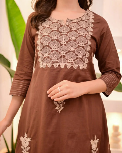 Women Brown Cotton Thread Embroidery Kurta Pant and Dupatta set