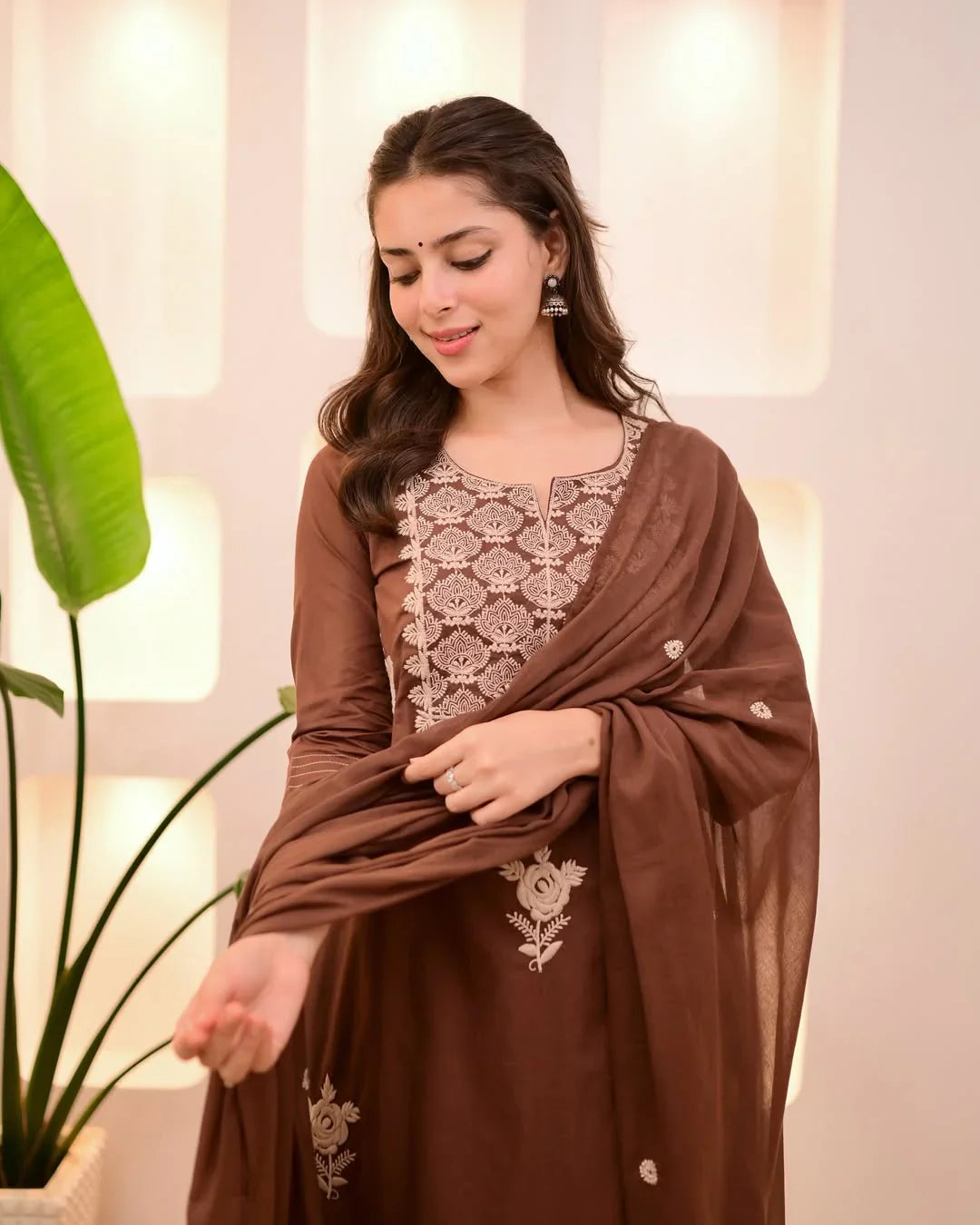 Women Brown Cotton Thread Embroidery Kurta Pant and Dupatta set