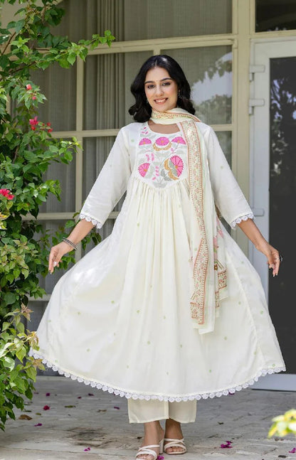Women White Cotton Pink Embroidery Kurta Pant and Dupatta set