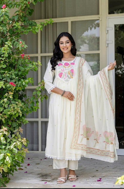 Women White Cotton Pink Embroidery Kurta Pant and Dupatta set
