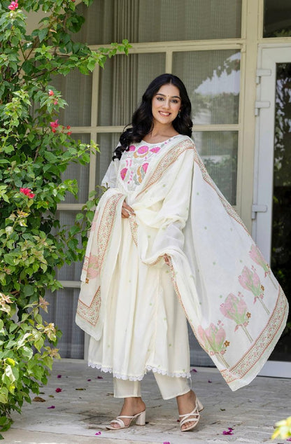 Women White Cotton Pink Embroidery Kurta Pant and Dupatta set