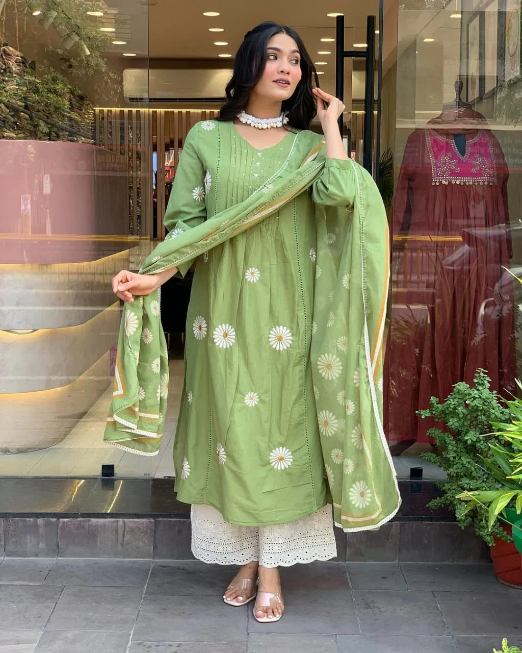 Women Green Cotton Embroidery Flowers Kurta Pant and Dupatta set