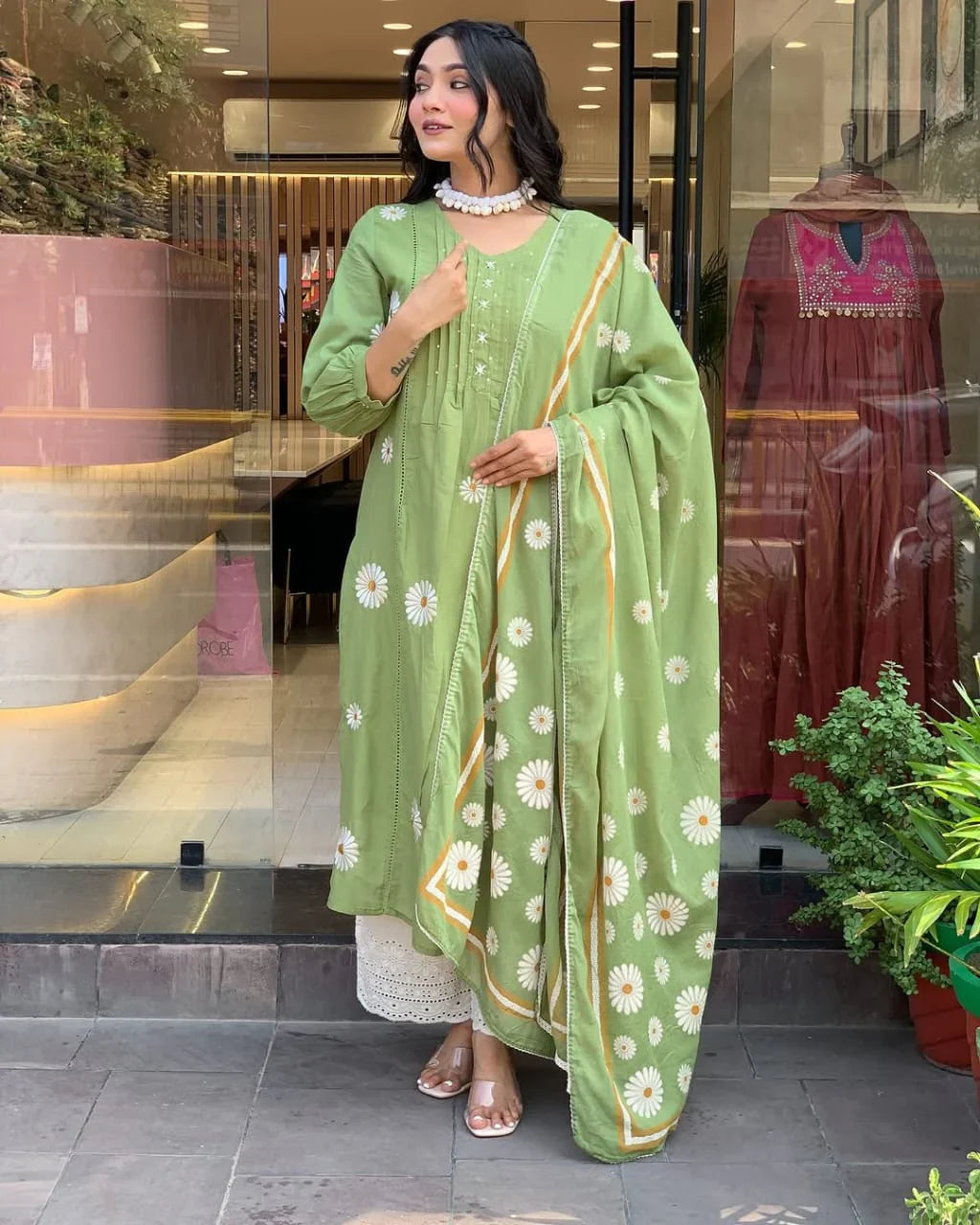 Women Green Cotton Embroidery Flowers Kurta Pant and Dupatta set