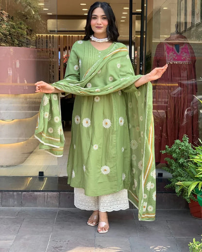 Women Green Cotton Embroidery Flowers Kurta Pant and Dupatta set