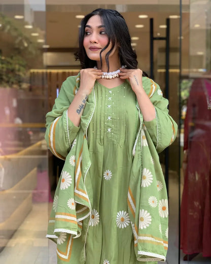 Women Green Cotton Embroidery Flowers Kurta Pant and Dupatta set