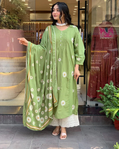 Women Green Cotton Embroidery Flowers Kurta Pant and Dupatta set