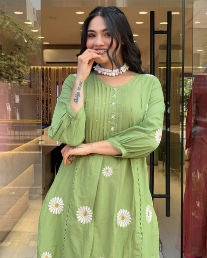 Women Green Cotton Embroidery Flowers Kurta Pant and Dupatta set