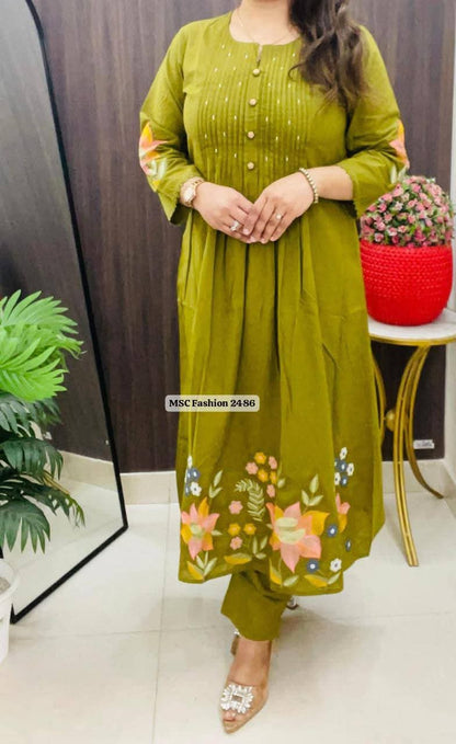 Women Green Cotton Embroidery Buttons Kurta Pant and Dupatta set
