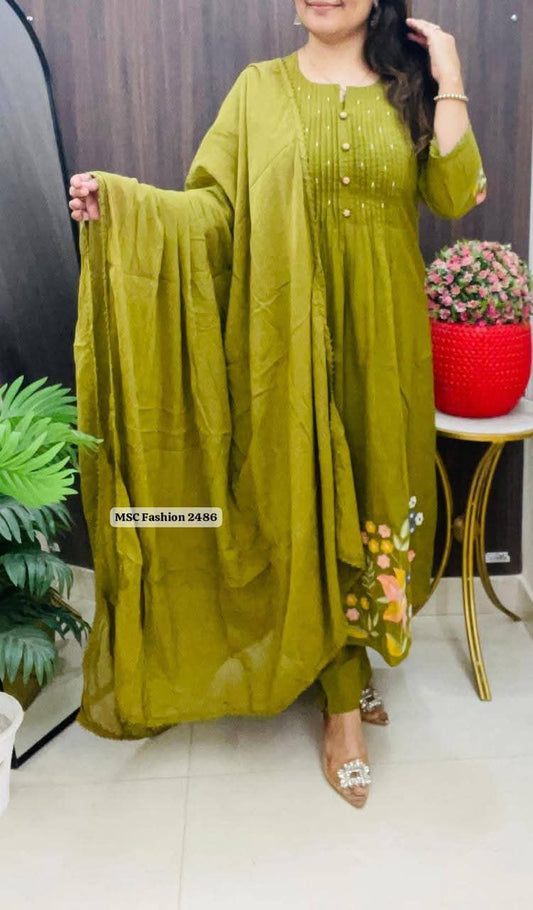 Women Green Cotton Embroidery Buttons Kurta Pant and Dupatta set