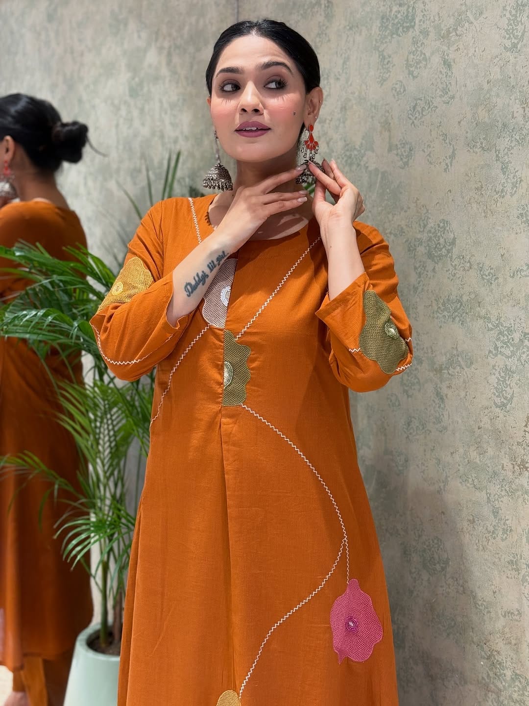 Women Rust Cotton Embroidery Floral Kurta Pant and Mulmul Dupatta set