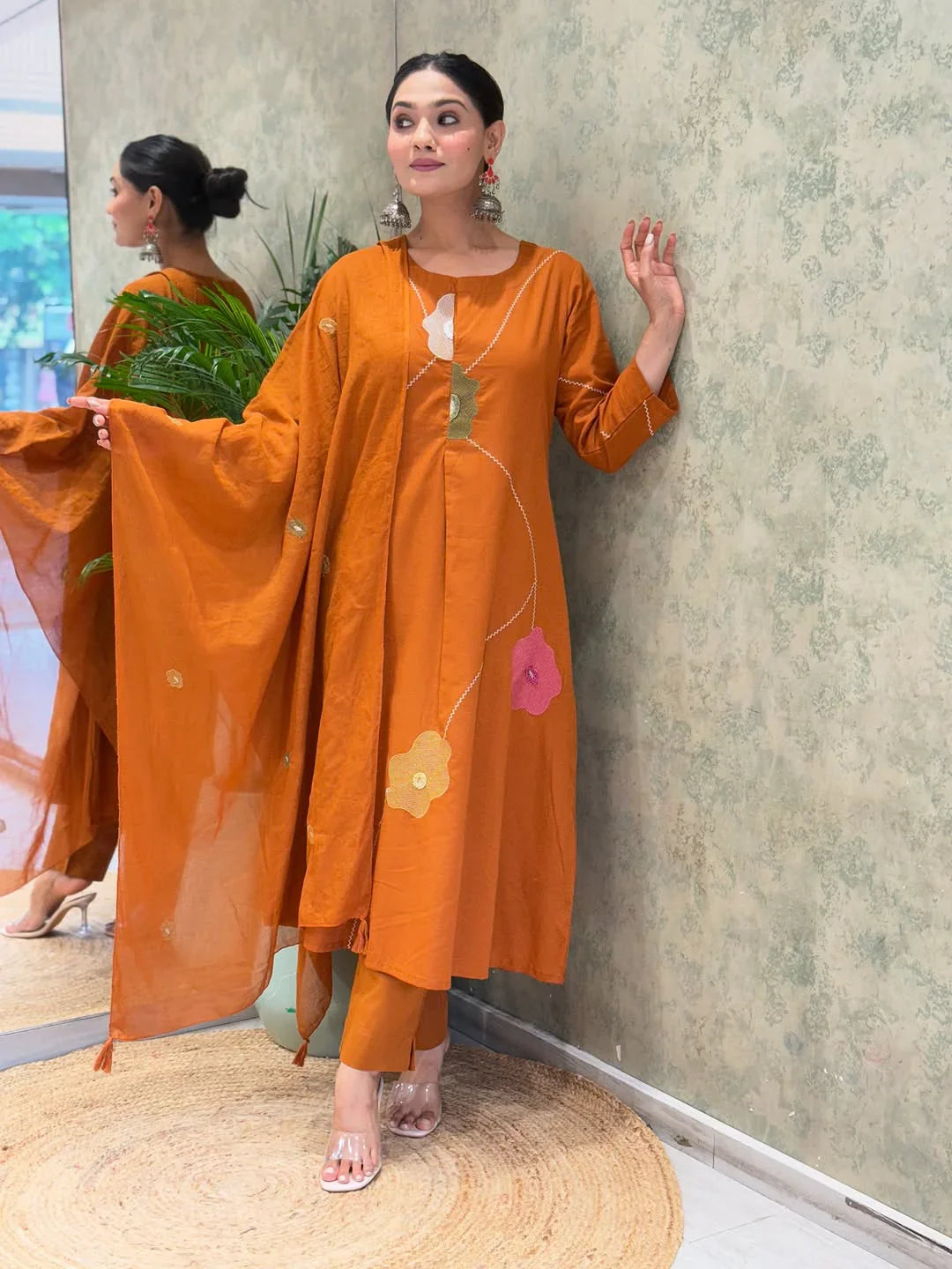 Women Rust Cotton Embroidery Floral Kurta Pant and Mulmul Dupatta set