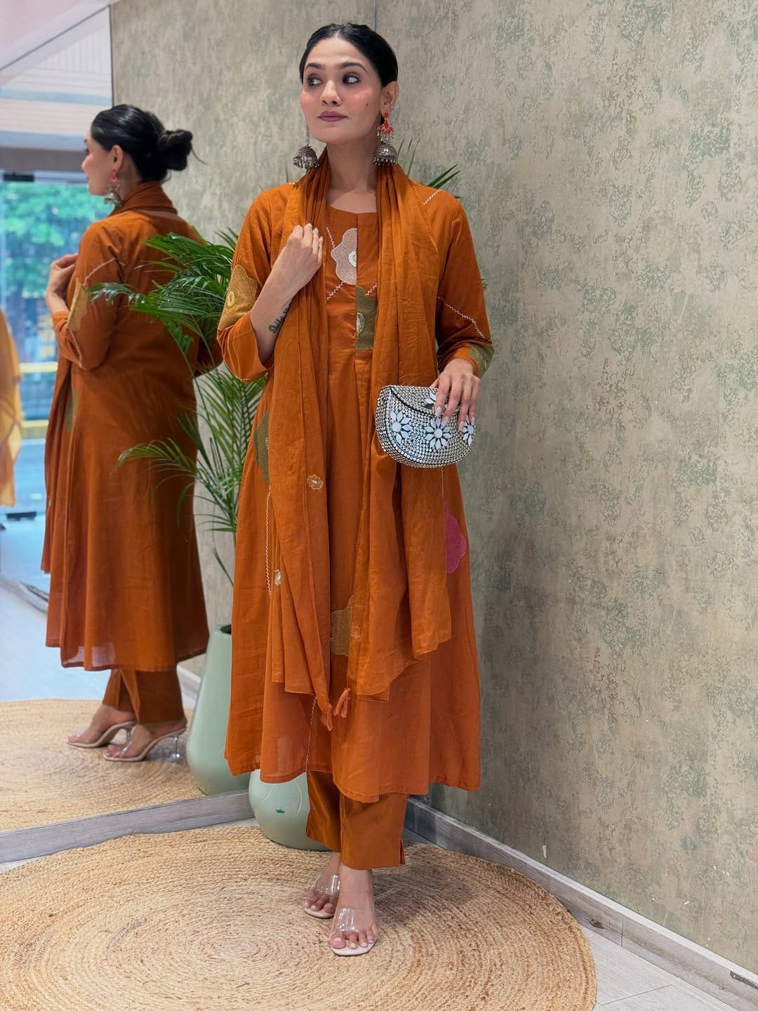 Women Rust Cotton Embroidery Floral Kurta Pant and Mulmul Dupatta set