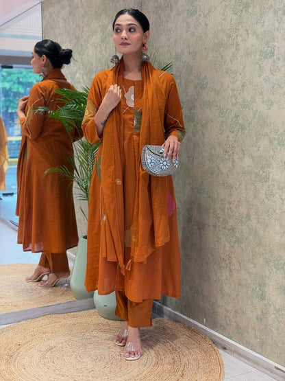 Women Rust Cotton Embroidery Floral Kurta Pant and Mulmul Dupatta set