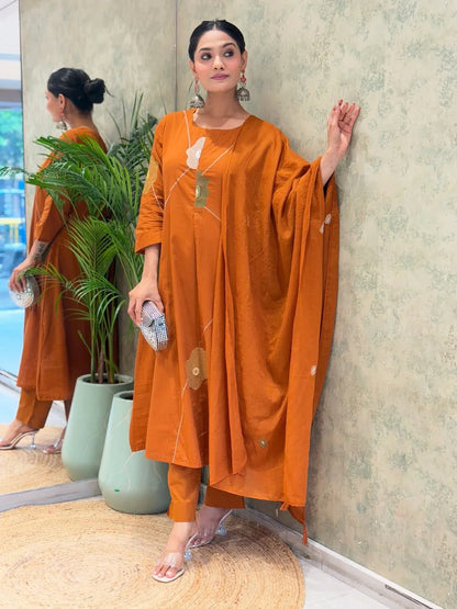 Women Rust Cotton Embroidery Floral Kurta Pant and Mulmul Dupatta set