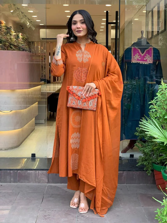 Women Orange Cotton Traditional design Kurta Pant and Dupatta set