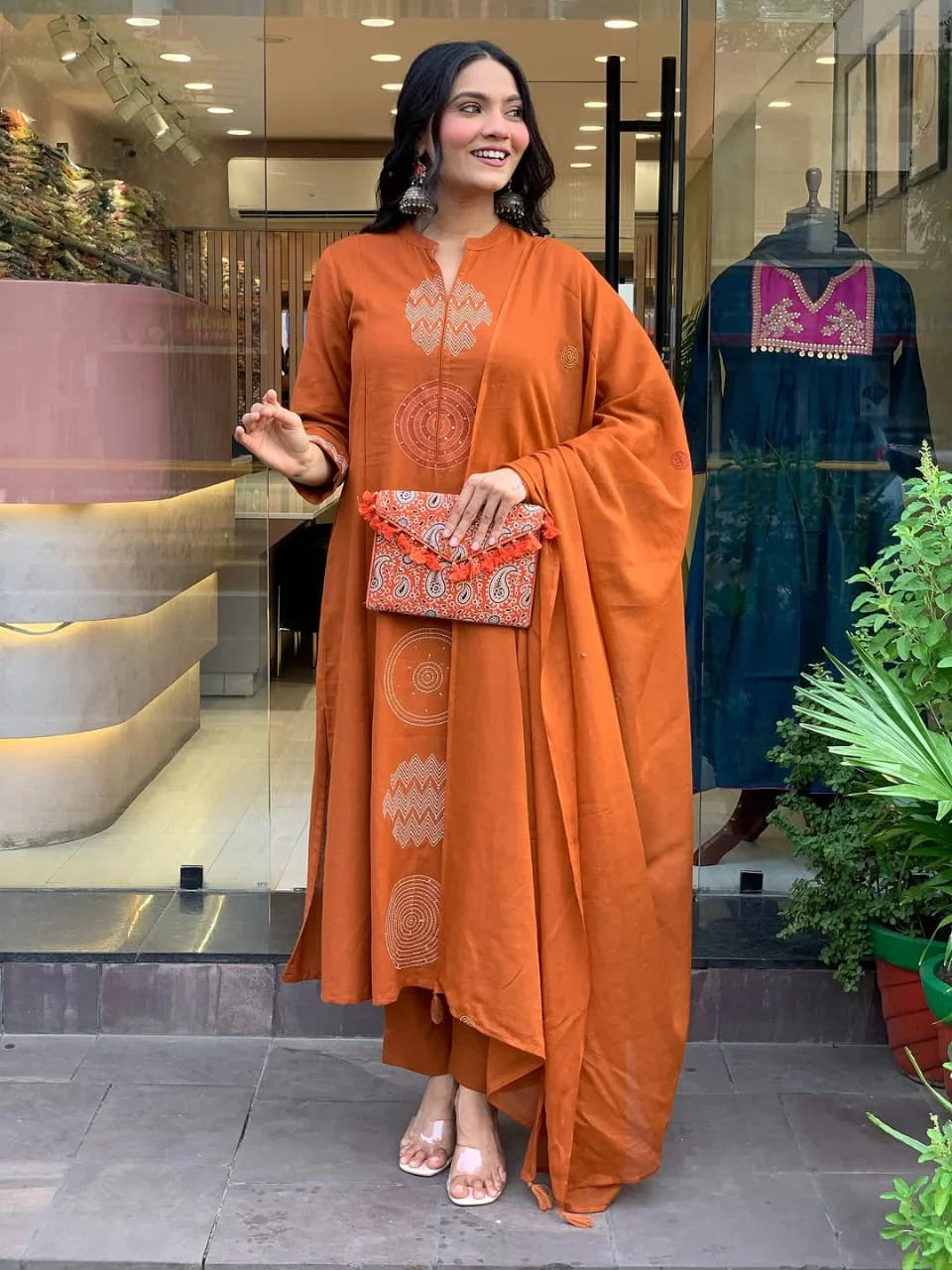 Women Orange Cotton Traditional design Kurta Pant and Dupatta set