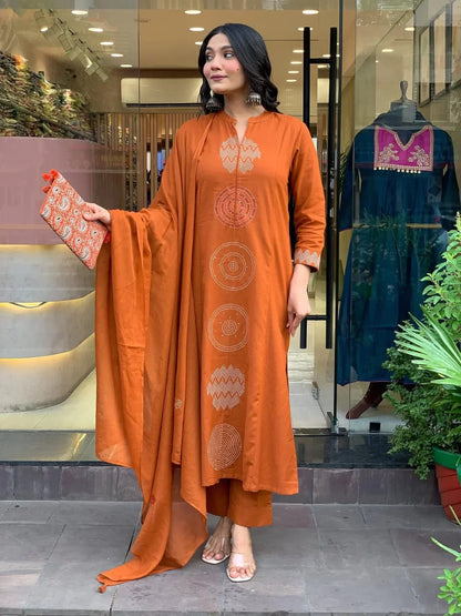 Women Orange Cotton Traditional design Kurta Pant and Dupatta set