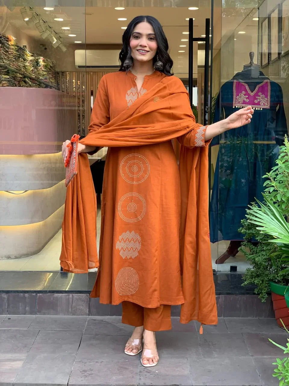 Women Orange Cotton Traditional design Kurta Pant and Dupatta set