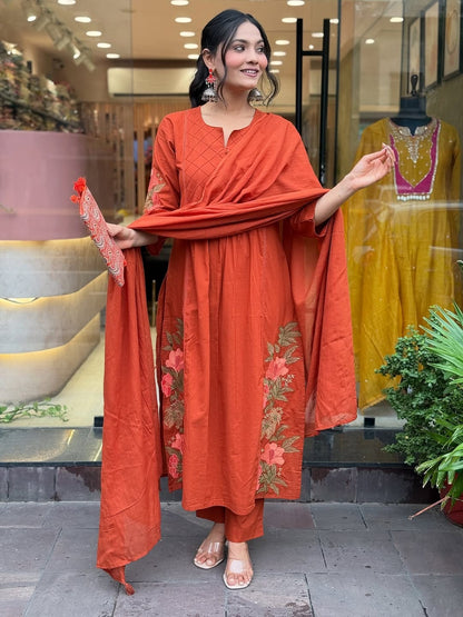 Women Orange Cotton Dreamy Embroidery Kurta Pant and Dupatta set