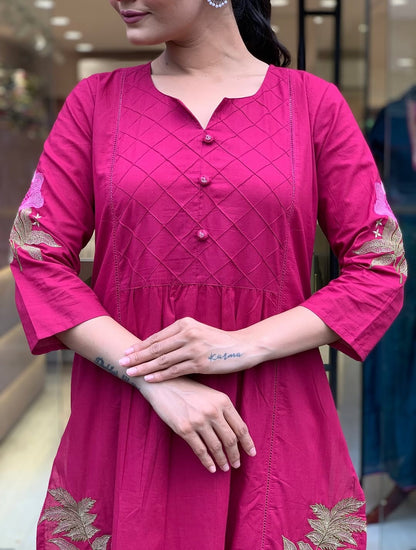 Women Pink Cotton Dreamy Embroidery Kurta Pant and Dupatta set