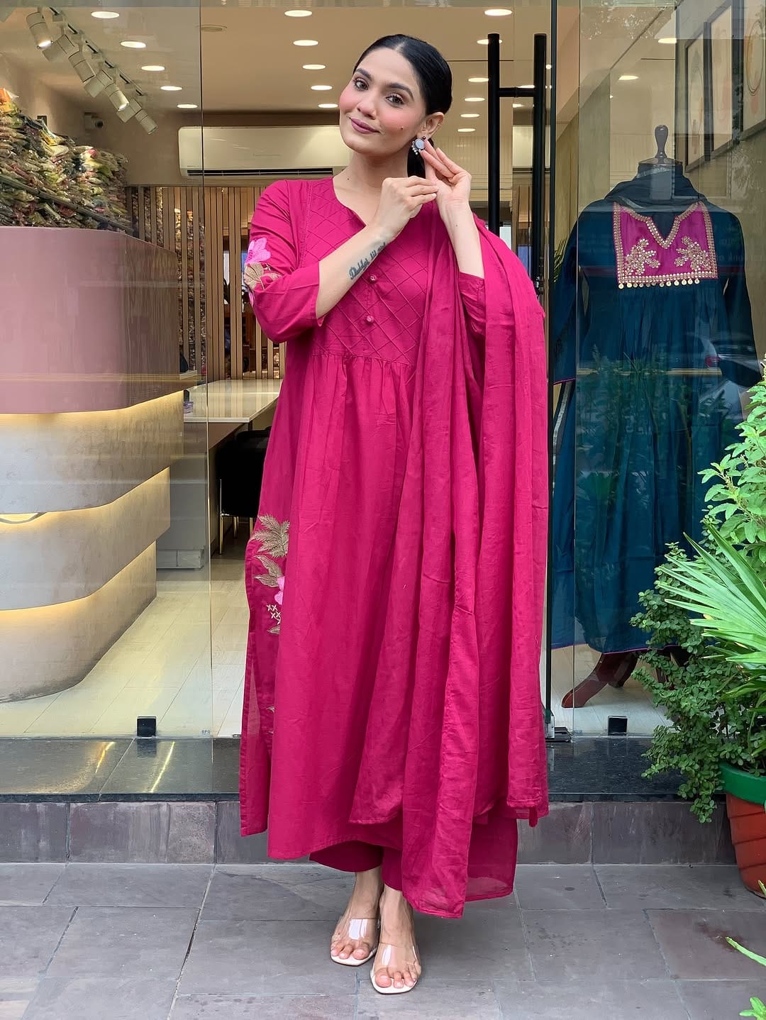 Women Pink Cotton Dreamy Embroidery Kurta Pant and Dupatta set