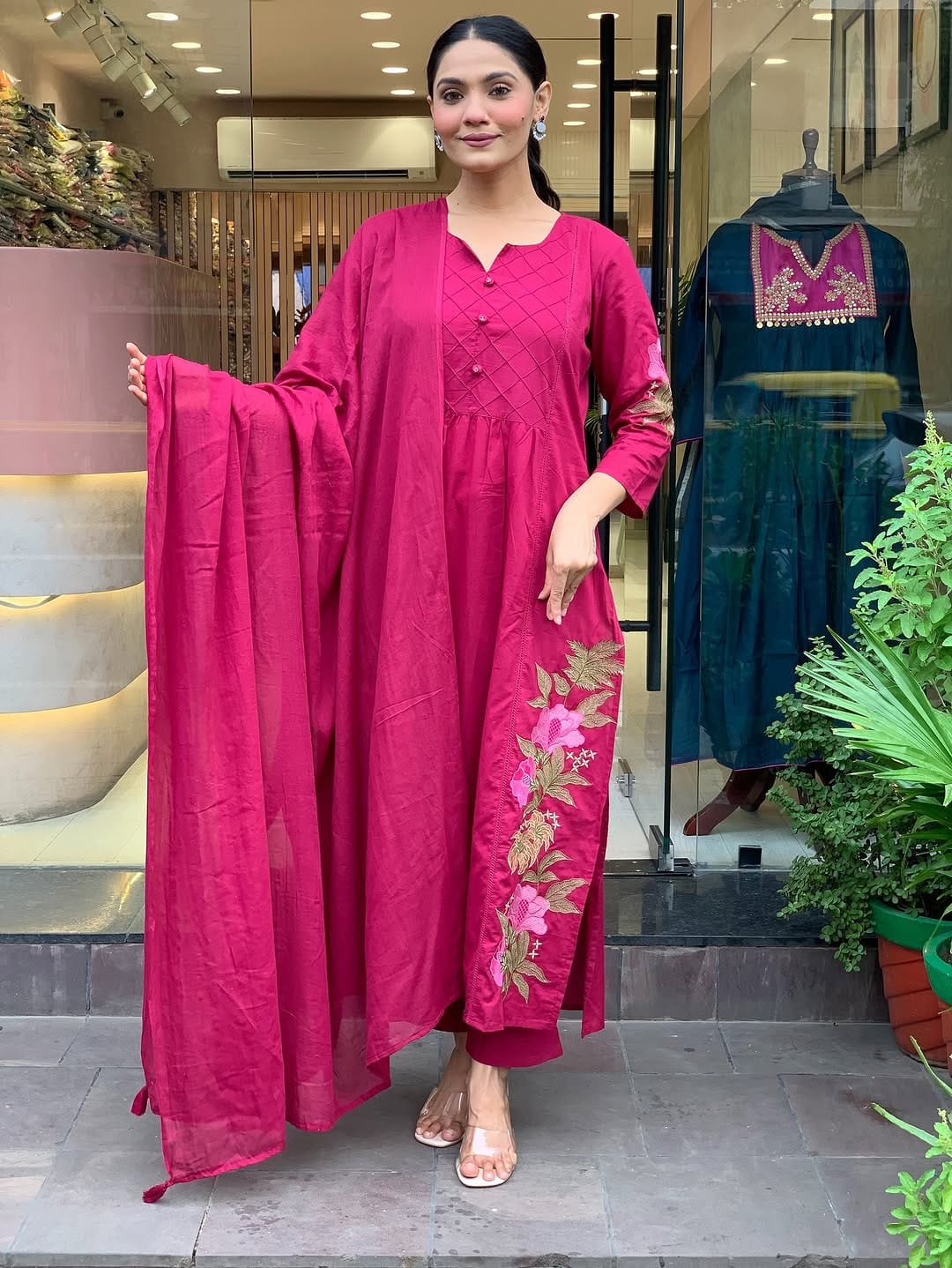 Women Pink Cotton Dreamy Embroidery Kurta Pant and Dupatta set