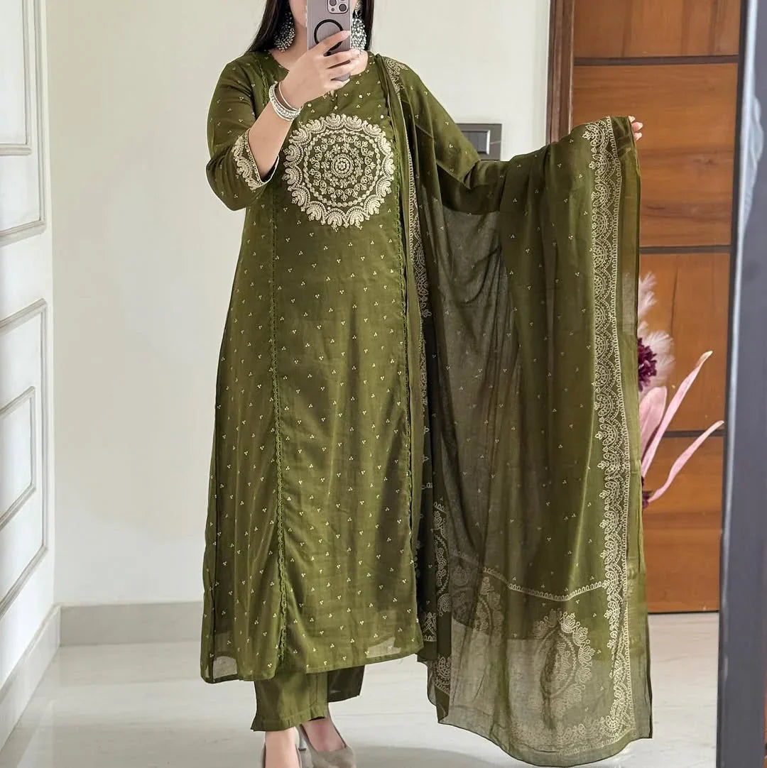 Women Green Cotton Embroidery Circle Kurta Pant and Dupatta set