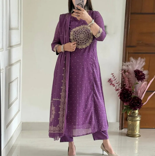 Women Purple Cotton Embroidery Circle Kurta Pant and Dupatta set