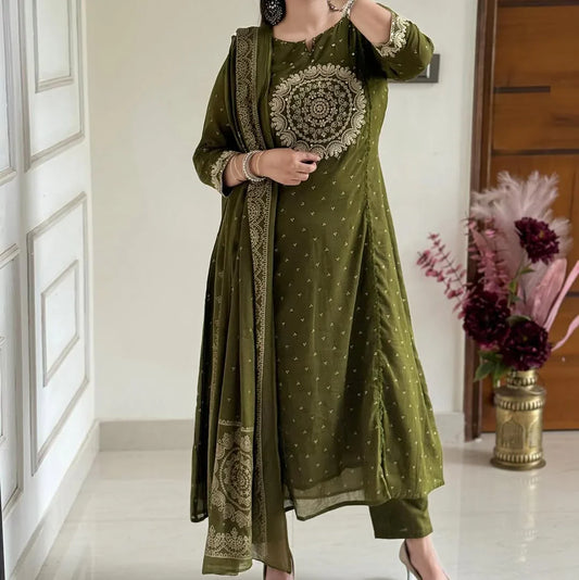 Women Green Cotton Embroidery Circle Kurta Pant and Dupatta set