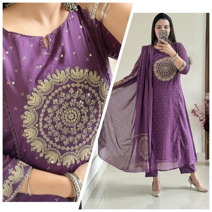 Women Purple Cotton Embroidery Circle Kurta Pant and Dupatta set