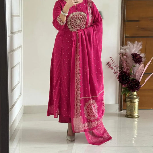 Women Pink Cotton Embroidery Circle Kurta Pant and Dupatta set