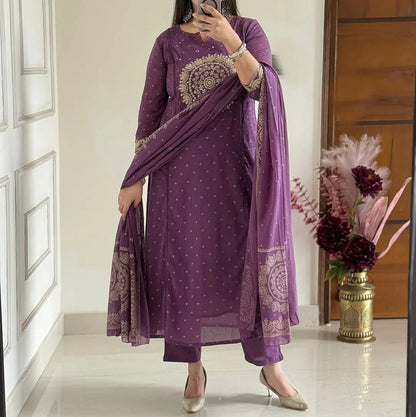 Women Purple Cotton Embroidery Circle Kurta Pant and Dupatta set