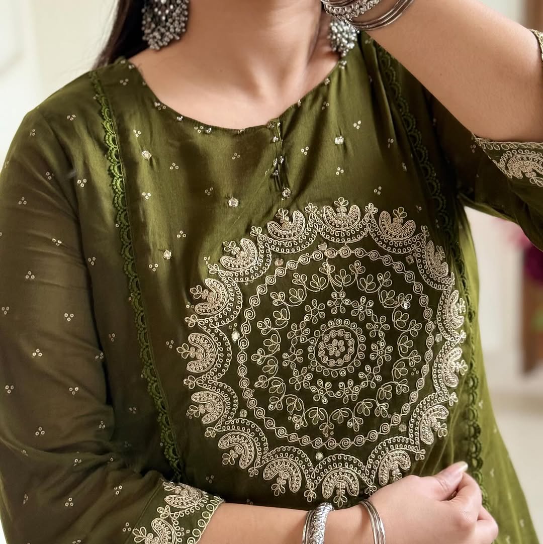 Women Green Cotton Embroidery Circle Kurta Pant and Dupatta set
