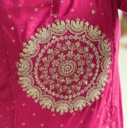 Women Pink Cotton Embroidery Circle Kurta Pant and Dupatta set