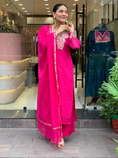 Women Pink Cotton Front Embroidery Detailing Kurta Pant and Chanderi Dupatta set