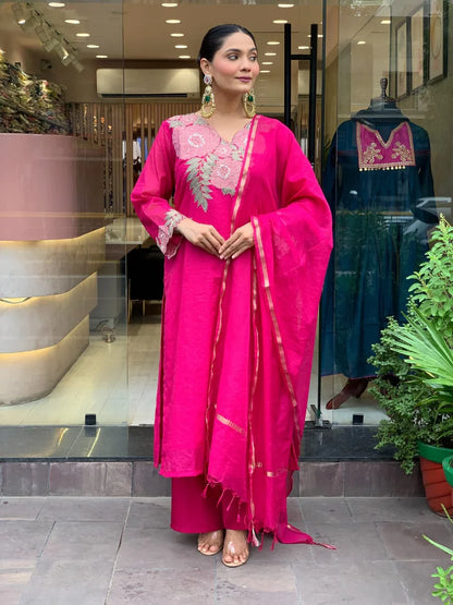 Women Pink Cotton Front Embroidery Detailing Kurta Pant and Chanderi Dupatta set