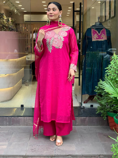 Women Pink Cotton Front Embroidery Detailing Kurta Pant and Chanderi Dupatta set