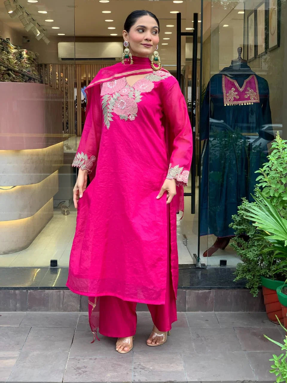 Women Pink Cotton Front Embroidery Detailing Kurta Pant and Chanderi Dupatta set