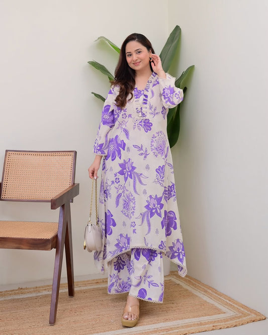 Beautiful Lavender Floral Printed Aline Cotton Co-ords