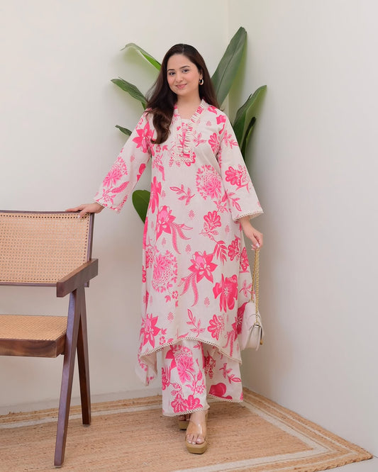 Beautiful Pink Floral Printed Aline Cotton Co-Ord Set
