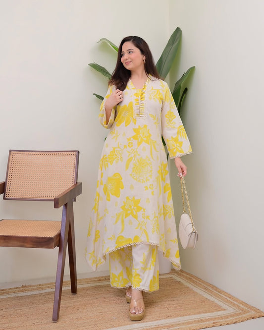 Beautiful Yellow Floral Printed Aline Cotton Co-ords