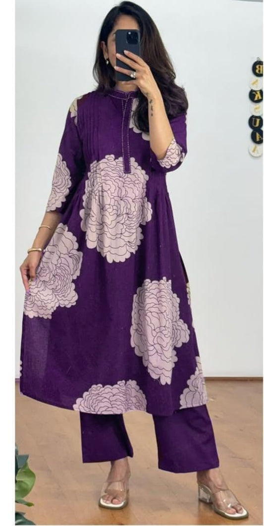 Beautiful Purple Floral Pintex Work Kurti With Pant