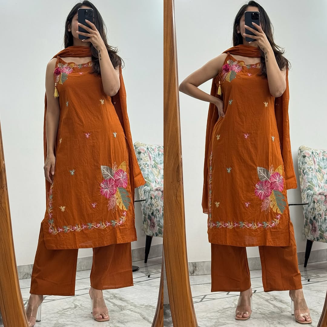 Rust Orange Floral Embroidered 3-Piece Suit Set | Kurta, Pants & Dupatta