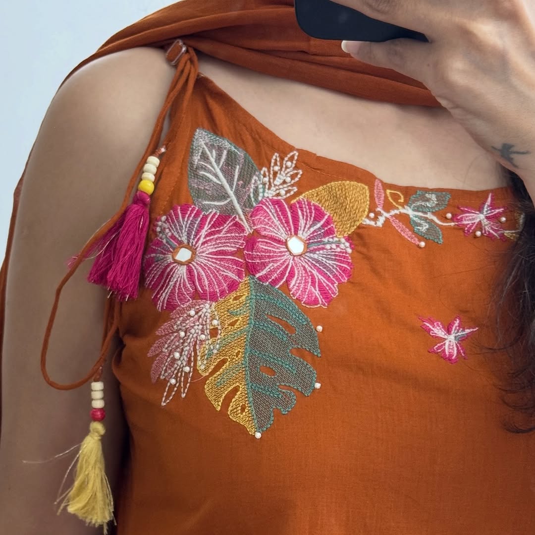 Rust Orange Floral Embroidered 3-Piece Suit Set | Kurta, Pants & Dupatta