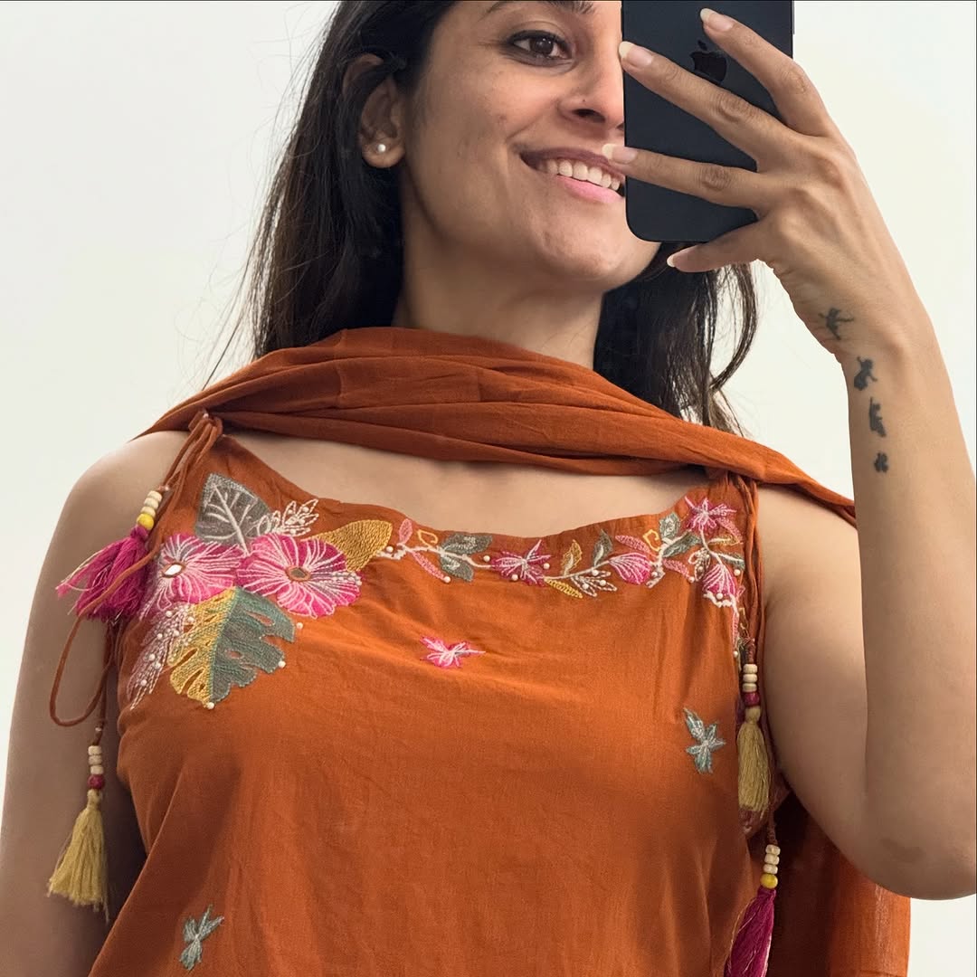 Rust Orange Floral Embroidered 3-Piece Suit Set | Kurta, Pants & Dupatta