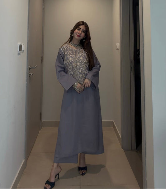 English Blue Cotton Co-Ord Set for Women | Zari Embroidered Kurta Palazzo Set | Summer Ethnic Wear