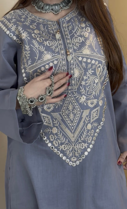 English Blue Cotton Co-Ord Set for Women | Zari Embroidered Kurta Palazzo Set | Summer Ethnic Wear