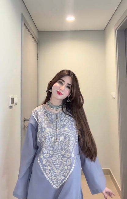 English Blue Cotton Co-Ord Set for Women | Zari Embroidered Kurta Palazzo Set | Summer Ethnic Wear