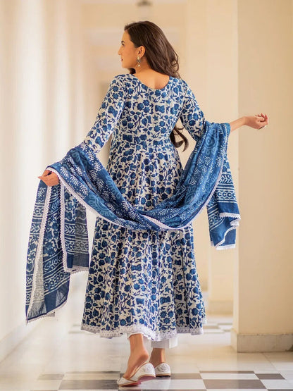 Indigo Floral Print Anarkali Kurta, Bottom & Dupatta Set