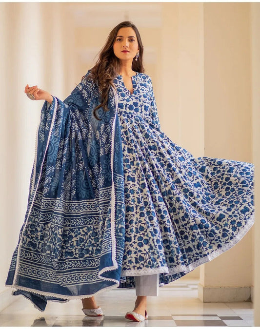 Indigo Floral Print Anarkali Kurta, Bottom & Dupatta Set